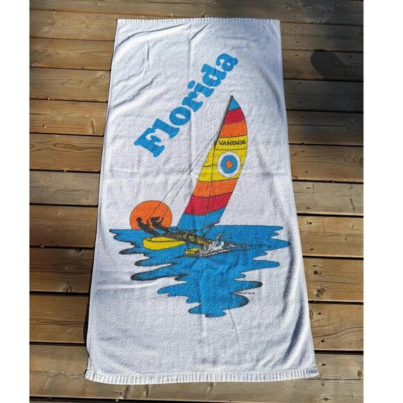 90s vintage Florida sailboat graphic retro travel souvenir cotton beach towel - Picture 1 of 5